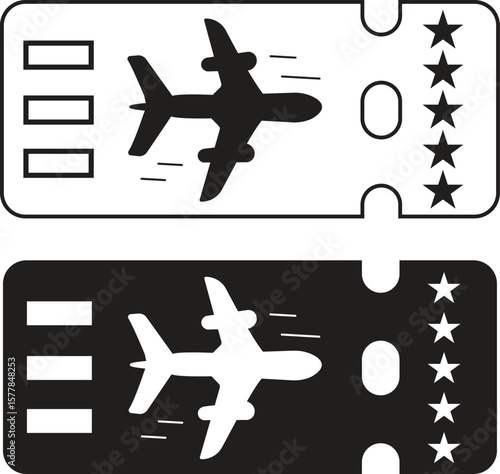 Airplane ticket icon in outline style showing flight reservation with star rating system for airlines with transparent background