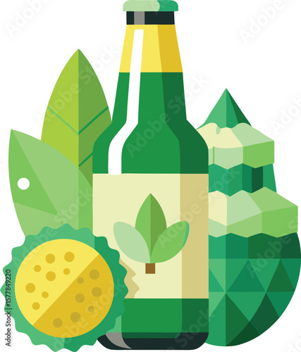 Refreshing Green Beer Bottle with Leaves and Bottle Cap Design Element for Brewery or Pub