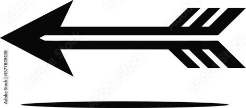 A simple black arrow pointing left with a stylized fletching and a subtle shadow below it on white