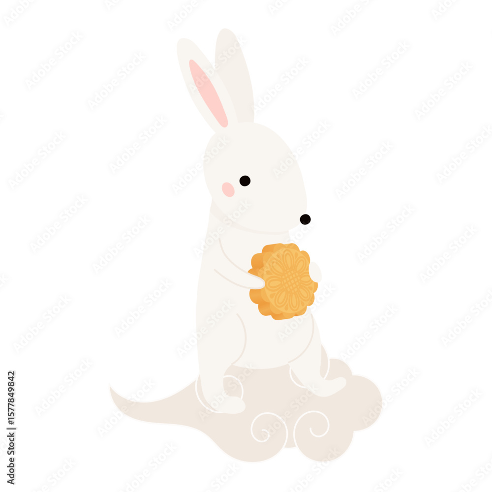 Obraz premium Kawaii rabbit with mooncake on a cloud isolated on transparent. Flat vector illustration. Cute cartoon character. Mid Autumn Festival, Tsukimi, Chuseok festive design element, holiday clip art