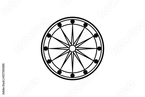 Dharma Wheel Symbol in Black and White Silhouette Style