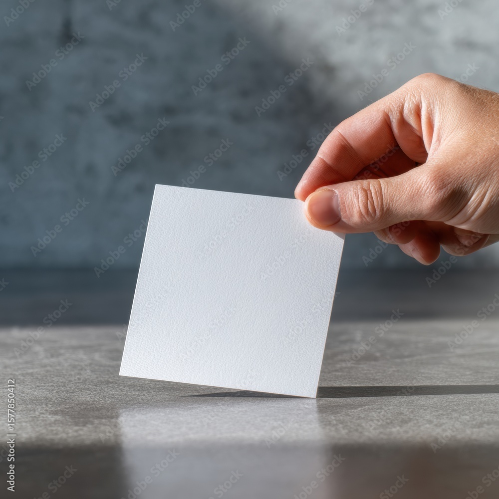 Obraz premium Hand gently places a blank greeting card on a wooden table.