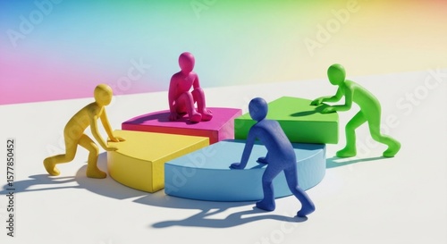 Colorful figures arranging pie chart segments on a white surface under a rainbow gradient background
