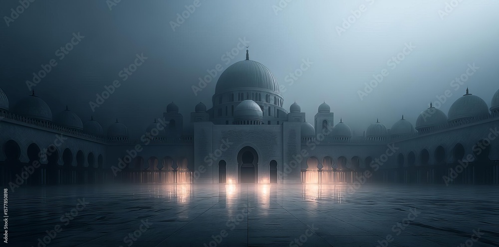 Obraz premium Mystical Mosque Architecture, Domes, Arches, and Foggy Ambiance