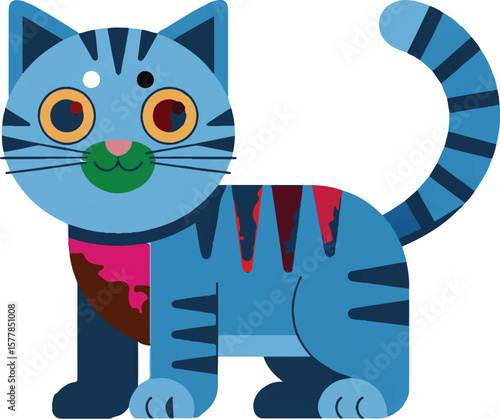 Vibrant Blue Tabby Cat Illustration A Playful Geometric Design