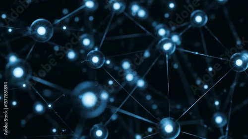 Abstract seamless loop of AI neural network nodes connected by thin, glowing threads. The connections pulse subtly, while data-like orbs move between points in a calming, high-tech ambience.






