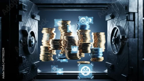 3D render of a digital vault door slowly opening to reveal stacks of glowing virtual coins floating in zero gravity. Subtle lens flares and hovering data icons add a high-tech, secure finance vibe.


