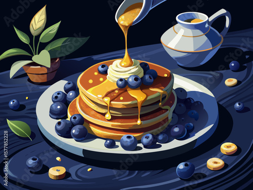 vector of Pouring maple syrup on healthy poppy seed pancakes served with Greek yogurt and wild blueberries. In a golden dish. Dark background.