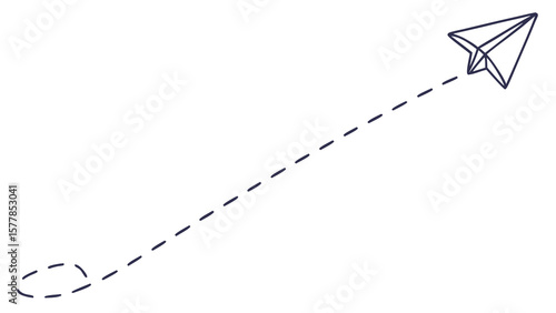 Paper airplane flying vector art design, simple paper plane illustration with dotted line trajectory design