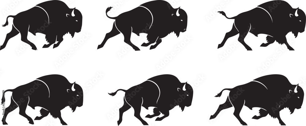 Obraz premium running bison silhouette vector, black and white bison in motion, minimalistic bison running illustration, wild bison sprint vector, bison side view silhouette, tribal bison in motion design,