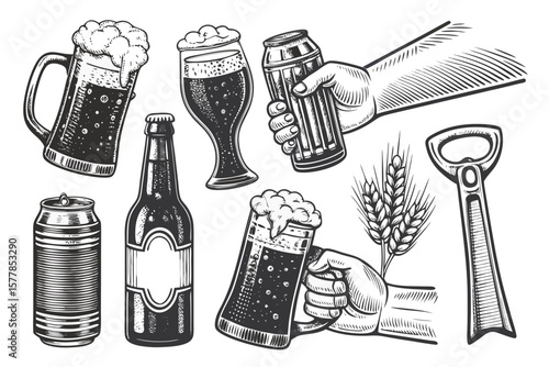 Vintage beer engraving vector set with hand holding can and mug, bottle, and wheat illustrations