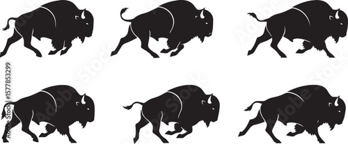 running bison silhouette vector, black and white bison in motion, minimalistic bison running illustration, wild bison sprint vector, bison side view silhouette, tribal bison in motion design,