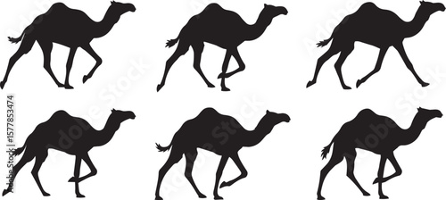 running camel silhouette vector, black and white camel in motion, minimalistic camel running illustration, camel sprint side view silhouette, desert animal in action vector, stylized camel in motion 