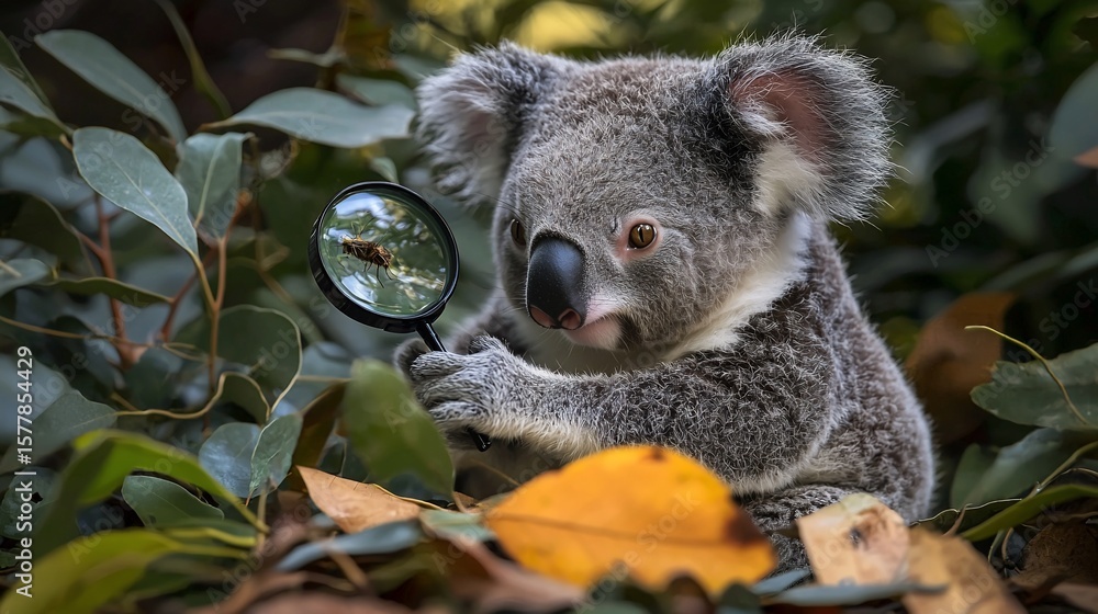 Fototapeta premium Curious koala with magnifying glass