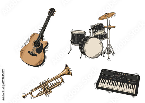 Music instruments illustration featuring guitar drums trumpet and keyboard for music lovers vector