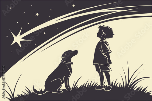Child and Dog Looking Up at Shooting Star — Hope and Bond Silhouette Scene