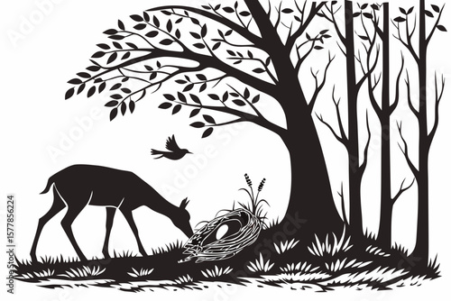 Deer Bowing Near Empty Nest — Grief and Respect Silhouette Nature Scene