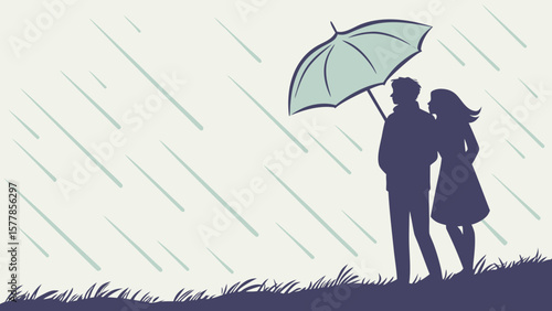 Couple Holding Umbrella in Gentle Rain — Love and Comfort Silhouette