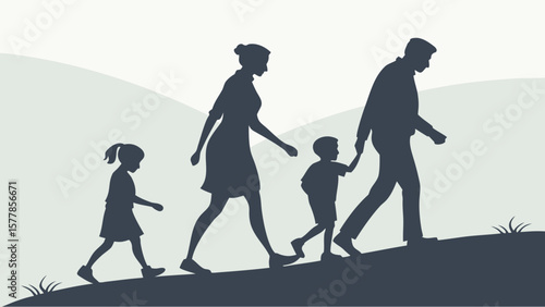 Black silhouettes of families walking Sheet/Icon Set Vector illustration. AI GENERATED.