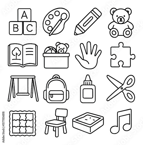 Preschool learning icon collection, early education symbols. simple classroom set