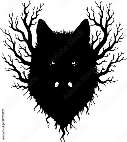 Forest Spirit Wolf Silhouette Tattoo Design" graphics