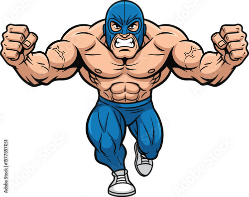 Cartoon muscular Mexican wrestler in blue mask, strong luchador character, powerful pose, comic style fighter, traditional lucha libre hero
