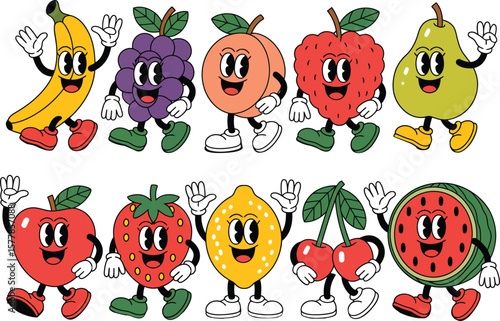 Collection of cheerful cartoon fruits with arms and legs in a vintage style