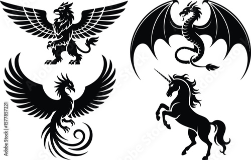 Collection of four black mythological creature silhouettes