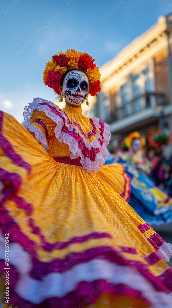 Naklejka premium Street Parade with Dancers in Traditional Dresses and Sugar Skull Makeup
