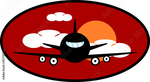 Avión volando durante el amanecer con estilo minimalista. Icono de transporte para sitio web, app y folleto.