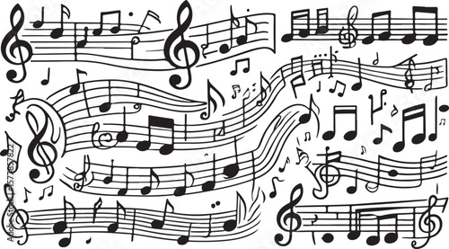 Musical notes and staffs treble clef black and white