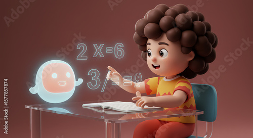 Cartoon boy learns math with digital ghost