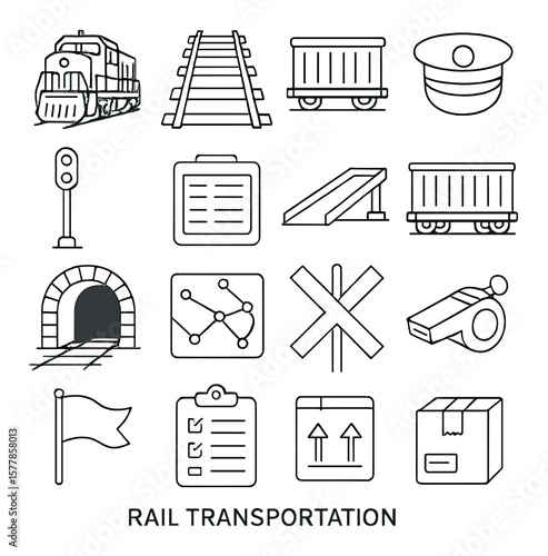Rail transport collection, rail vehicle symbols. train travel and locomotive icons