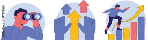 Man with binoculars hands reaching for upward arrows person climbing bar graph
