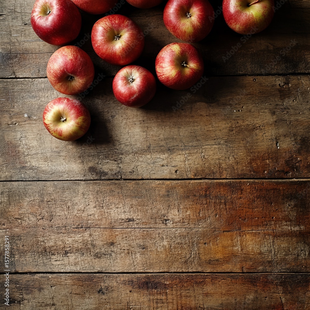 A vibrant composition of fresh, juicy red apples artfully arranged on a rustic wooden surface. A celebration of natural flavors and textures. A vibrant composition of fresh, juicy red apples artfully arranged on a rustic wooden surface. A celebration of natural flavors and textures.