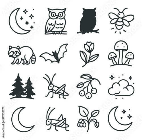 Enchanted nocturnal icons collection, featuring whimsical night symbols and nature elements