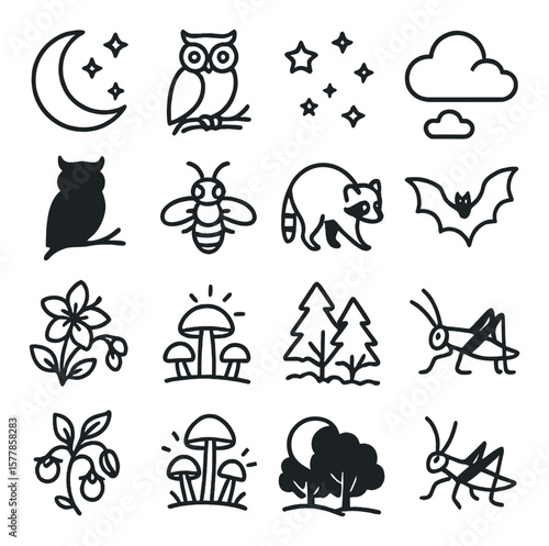 Night creatures icon collection, featuring nocturnal animal and nature symbols