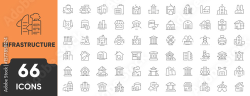 Public Infrastructure Line Icon Set. Set of 66 outline icons including roads, bridges, utilities, transport, buildings, water supply, and electricity. Editable stroke. Linear vector illustration.