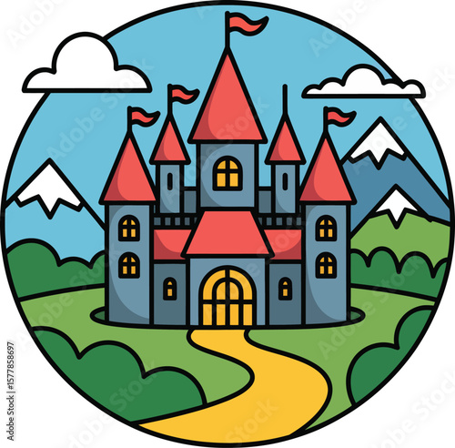 Whimsical cartoon castle with red roofs and flags sits on a green hill