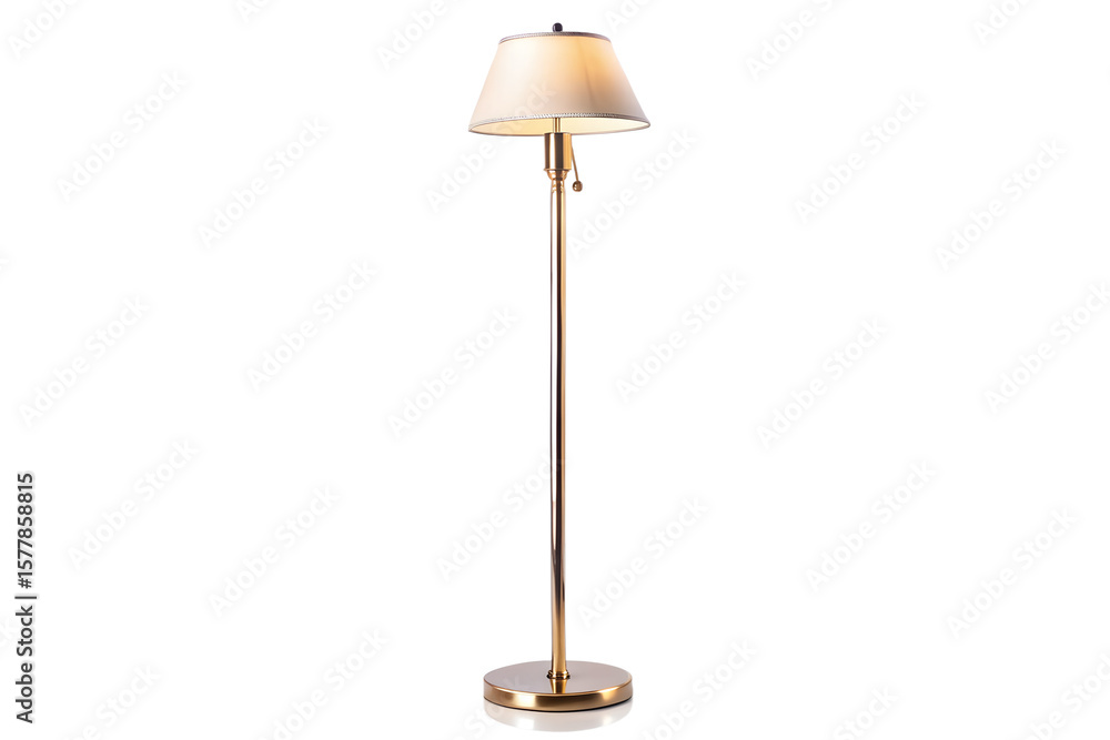 Obraz premium A tall brass floor lamp with a cream lampshade, casting a warm light, isolated on white isolated on transparent background
