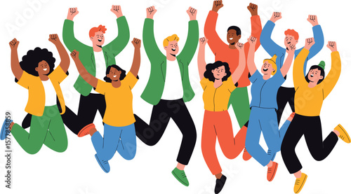 Diverse group of people jumping with fists raised in celebration and unity