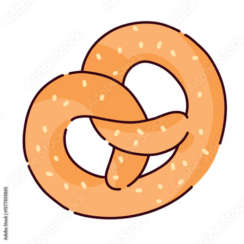 Vector illustration of a freshly baked pretzel. Delicious and bright pastries. Menu design, posters, postcards