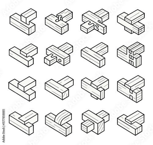 Wood joinery collection, carpentry connection icons. timber and woodworking set