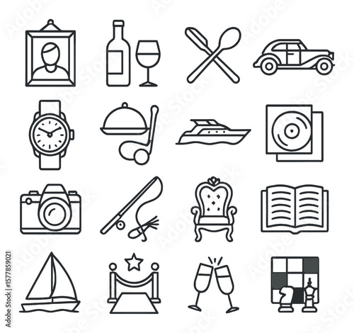 Luxury hobby collection, leisure and recreation icons. lifestyle and pastime set
