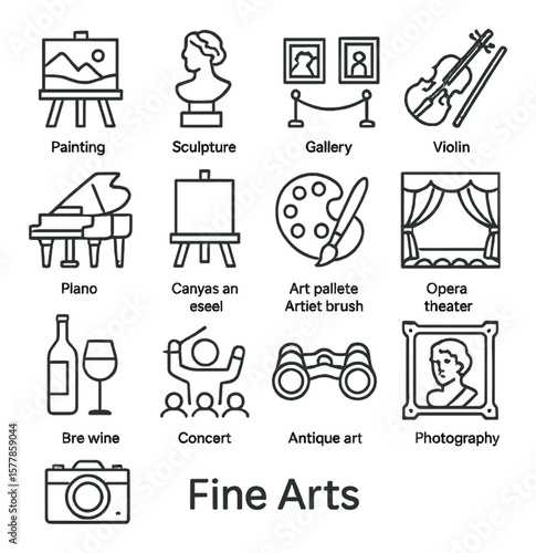 Fine arts collection, creative icon set. art, design, and culture symbols for all
