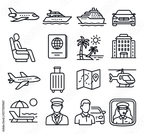 Luxury travel collection, journey design icons. trip and adventure planning set