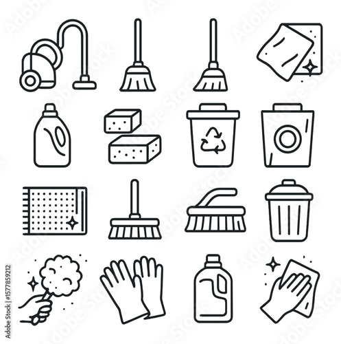 Cleaning tools collection, cleaning utensils set for home maintenance essentials