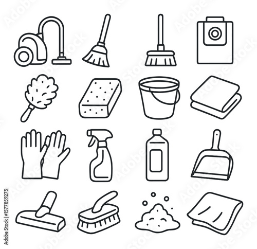 Cleaning supplies collection, household sanitation tools. cleaning products icon set