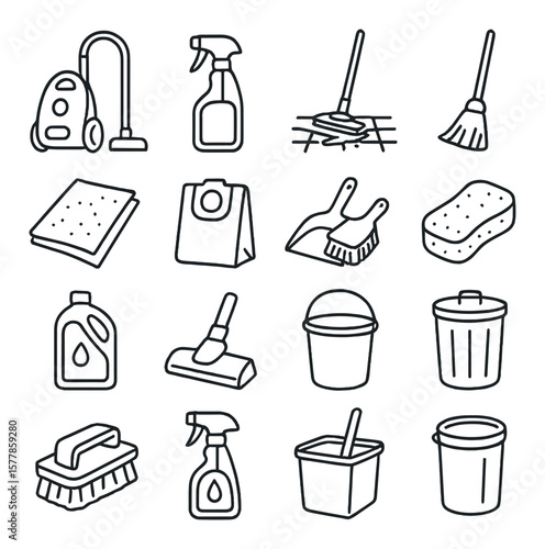 Cleaning tools icon collection, household cleaning symbols. hygiene and sanitation set