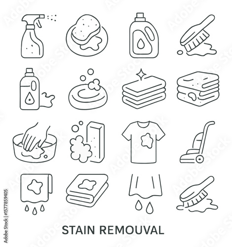 Stain removal collection, cleaning solution icons. laundry and detergent symbols set